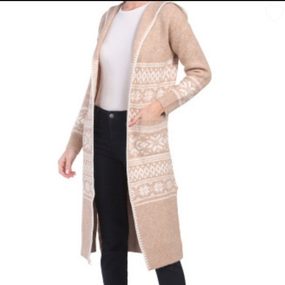 Aspen Sweaters - NWT Aspen Cozy Hooded Fairisle Duster Cardigan, size XS, oatmel/white